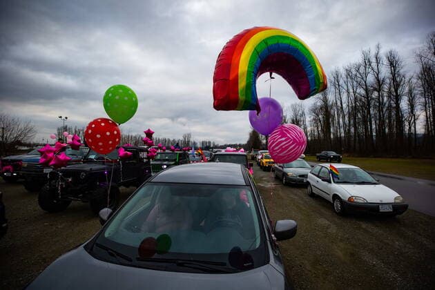 January 17, 2021, Mission, BC, Canada: Motorists wait to participate in an anti-bullying parade of more than 1,000 vehicles in support of a transgender teenager who was allegedly assaulted outside a school, in Mission, B.C., on Sunday, January 17, 2021. According to RCMP two students were arrested and charges were recommended in regards to the incident that was recorded and posted online. Mission Canada - ZUMAc35_ 20210117_zaf_c35_042 Copyright: xDarrylxDyckx