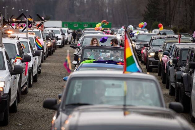 January 17, 2021, Mission, BC, Canada: People wait to participate in an anti-bullying parade of more than 1,000 vehicles in support of a transgender teenager who was allegedly assaulted outside a school, in Mission, B.C., on Sunday, January 17, 2021. According to RCMP two students were arrested and charges were recommended in regards to the incident that was recorded and posted online. Mission Canada - ZUMAc35_ 20210117_zaf_c35_056 Copyright: xDarrylxDyckx