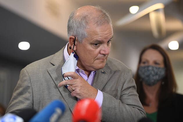 SCOTT MORRISON COVID19 VACCINATION, Australian Prime Minister Scott Morrison speaks to media during a visit to Castle Hill Medical Centre to preview the COVID-19 vaccination program on Sunday, February 21, 2021. ( NO ARCHIVING, EDITORIAL USE ONLY, NO USE IN BOOKS WITHOUT CONSENT SYDNEY NSW AUSTRALIA Copyright: xJOELxCARRETTx 20210221001522034207