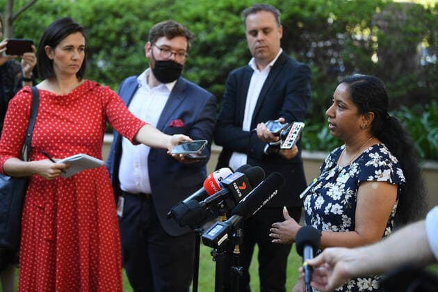 NSW COVID19 VACCINE ROLLOUT, Gayathry Vellangalloor, the first person to receive the Pfizer jab in NSW, speaks to media following the start of the COVID-19 vaccination program at Royal Prince Alfred Hospital in Sydney, Monday, February 22, 2021. ( NO ARCHIVING, EDITORIAL USE ONLY, NO USE IN BOOKS WITHOUT CONSENT SYDNEY NSW AUSTRALIA Copyright: xJOELxCARRETTx 20210222001522239528