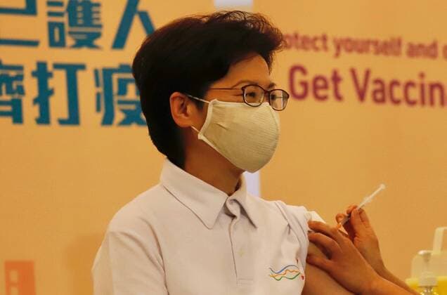February 22, 2021, HONG KONG, CHINA: HKSAR Chief Executive Carrie Lam receiving SINOVAC Covid-19 VACCINE injection by a nurse at the vaccination centre set up in the public library this afternoon. HK government kicked off citywide campaign promoting all-citizen vaccination program by letting government high officials to receive first injections of Sinovac Covid-19 Vaccines.Feb-22,2021Hong Kong.ZUMA HONG KONG CHINA - ZUMAl137 20210222_zap_l137_012 Copyright: xLiauxChung-renx