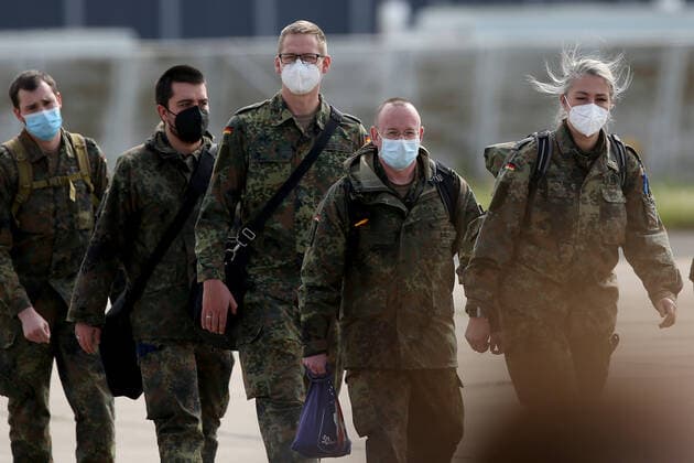 February 23, 2021, Lisbon, Portugal: German army medical experts arrives at Figo Maduro military airbase in Lisbon, Portugal on February 23, 2021. Based on a bilateral agreement, a second team of German army medical experts arrived in Portugal on Tuesday to replace the team that has been in Portugal since February 3 to assist the country in its fight against the COVID-19 pandemic. Lisbon Portugal - ZUMAf123 20210223_zap_f123_018 Copyright: xPedroxFiuzax