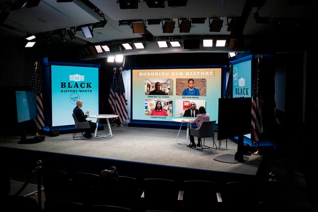 February 23, 2021, Washington, District of Columbia, USA: United States President Joe Biden and Susan Rice, Director, United States Domestic Policy Council, participate in a virtual roundtable with Black essential workers, in the South Court Auditorium of the New Executive Building adjacent to the White House in Washington, D.C., on Tuesday, February 23, 2021 Washington USA - ZUMAs152 20210223_zaa_s152_370 Copyright: xPetexMarovichx
