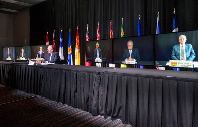 March 4, 2021, Montreal, PQ, Canada: Quebec Premier Francois Legault chairs a premiers virtual news conference Thursday, March 4, 2021 in Montreal. The premiers from the left are: John Horgan, B.C., Jason Kenney, Alberta, Scott Moe, Saskatchewan, Francois Legault, Quebec, , Brian Pallister, Manitoba, Doug Ford, Ontario, and Blaine Higgs, New Brunswick. Montreal Canada - ZUMAc35_ 20210304_zaf_c35_020 Copyright: xRyanxRemiorzx