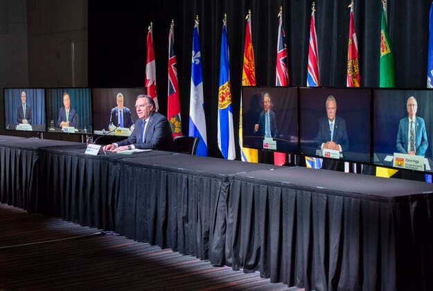 March 4, 2021, Montreal, PQ, Canada: Quebec Premier Francois Legault chairs a premiers virtual news conference Thursday, March 4, 2021 in Montreal. The premiers from the left are: John Horgan, B.C., Jason Kenney, Alberta, Scott Moe, Saskatchewan, Francois Legault, Quebec, , Brian Pallister, Manitoba, Doug Ford, Ontario, and Blaine Higgs, New Brunswick. Montreal Canada - ZUMAc35_ 20210304_zaf_c35_024 Copyright: xRyanxRemiorzx