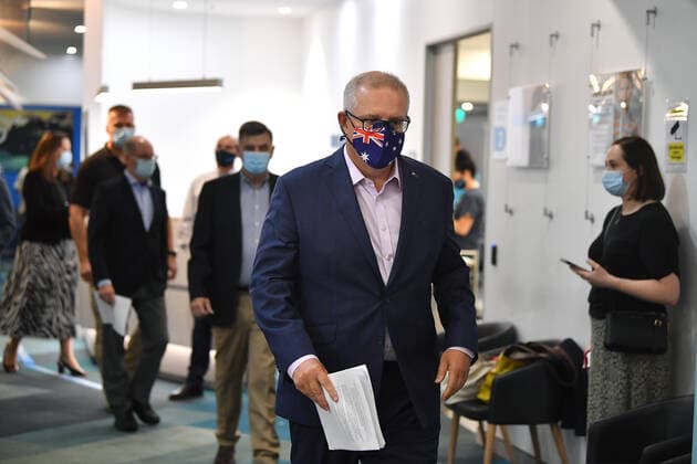 SCOTT MORRISON COVID19 VACCINATION, Australian Prime Minister Scott Morrison arrives to speak to media after receiving his second COVID-19 vaccination during a visit to Castle Hill Medical Centre in Sydney, Sunday, March 14, 2021. ( NO ARCHIVING, EDITORIAL USE ONLY, NO USE IN BOOKS WITHOUT CONSENT SYDNEY NSW AUSTRALIA Copyright: xJOELxCARRETTx 20210314001527240086