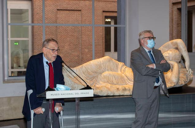The president of the Royal Board of Trustees of the Museo Nacional del Prado, Javier Solana (left), accompanied by the director of the Museo del Prado, Miguel Falomir (right), during the presentation of an exhibition dedicated to the history of the building, in Madrid (Spain), on March 16, 2021. This project, sponsored by Samsung, consists of the design and assembly of a permanent exhibition installation dedicated to the history of the Museo Nacional del Prado, which will be located in rooms 100, 101 and 102 of the Villanueva building (former location of the Treasure of the Dauphin) to transmit to the public the basic concepts about the construction of the building, its evolution and expansion, as well as the characteristics of the exhibiti Copyright: xAlbertoxOrtegax 3608667