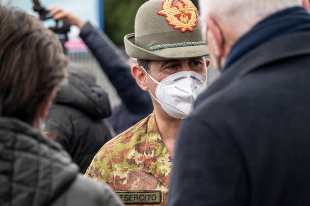 March 26, 2021, Catanzaro, Calabria, Italy: General Francesco Paolo Figliuolo (c) seen talking with people. Lieutenant general, Francesco Paolo Figliuolo, recently appointed as extraordinary commissioner for the COVID-19 emergency, and Fabrizio Curcio, Head of Department of Civil Protection, visited new vaccination hubs in Calabria. In Catanzaro, in the seacoast district â€oeLidoâ€Â, they visited the new Trade Fair Center selected as potential hub. Sergio Abramo, Mayor of Catanzaro, and Antonino Spirlo¬, and temporary Regional Governor, guided them during the visit. The increasing of vaccination hubs is considered a priority, specially considering the rising number of cases within the region. Catanzaro Italy - ZUMAs197 20210326_zaa_s197_144 Copyright: xValeriaxFerrarox