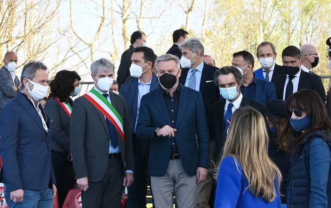 Varese, Italy Defense Minister Lorenzo Guerini inaugurates the new vaccination center in Varese attended by the President of the Lombardy Region, Attilio Fontanaa Mayor of Varese, Davide Galimberti. Present, the President of the Province Emanuele Antonelli, the general director of ASST Settelaghi Bonelli and the military, political and civil authorities. In the photo: Lorenzo Guerini Minister of Defense, President of the Lombardy Region, Attilio Fontanaa Mayor of Varese, Davide Galimberti. Present, the President of the Province Emanuele Antonell, Senator Alessandro Alfieri Copyright: xNickxZonnax xIPAx xNickxZonnax