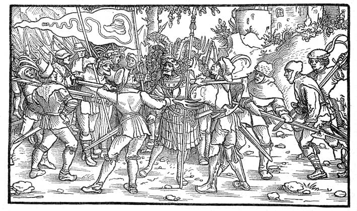 Murder of a knight by rebellious peasants, 1525, Peasant War, Württemberg, Germany Ermordung eines Ritters durch aufrüherische Bauern, 1525, Bauernkrieg, Württemberg, Deutschland, Historisch, digital improved reproduction of an original from the 19th century digitale Reproduktion einer Originalvorlage aus dem 19. Jahrhundert, (Originaldatum nicht bekannt) 4921942