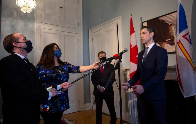 April 8, 2021, St. John s, NL, Canada: Newfoundland and Labrador Minister of Justice and Public Safety and Attorney General John Hogan, Q.C., who displaced Progressive Conservative Leader Ches Crosbie in his first election win, speaks to media following the government s swearing in ceremony, at Government House in St. John s, Thursday, April 8, 2021. St. John s Canada - ZUMAc35_ 20210408_zaf_c35_041 Copyright: xPaulxDalyx
