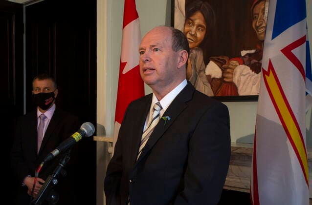 April 8, 2021, St. John s, NL, Canada: John Abbott, a former Liberal leadership candidate, takes questions from the media following the government s swearing in ceremony, at Government House in St. John s, Thursday, April 8, 2021. Abbott takes on the roles of Minister of Children, Seniors and Social Development, Minister Responsible for the Status of Persons with Disabilities, Minister Responsible for the Community Sector, Minister Responsible for the Newfoundland and Labrador Housing Corporation. St. John s Canada - ZUMAc35_ 20210408_zaf_c35_050 Copyright: xPaulxDalyx