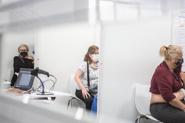 May 5, 2021, Barcelona, Catalonia, Spain: People are seen being vaccinated.To accelerate the vaccination of COVID-19 and decongest primary care centers, the Barcelona s trade fair institution, Fira Barcelona, has become, since April 30, a mass vaccination center. It is the first in all of Catalonia, with the capacity to administer up to 120,000 vaccines a week. This space is added to the fifty municipal spaces enabled by the Barcelona City Council as COVID-19 vaccination spaces. Barcelona Spain - ZUMAd159 20210505_zia_d159_024 Copyright: xThiagoxPrudenciox