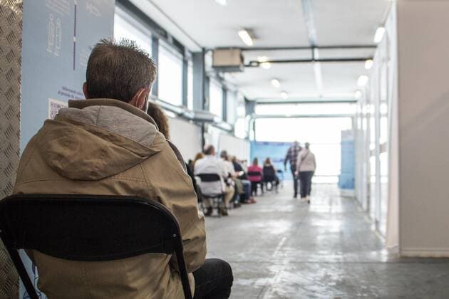 May 5, 2021, Barcelona, Catalonia, Spain: People are seen awaiting vaccination..To accelerate the vaccination of COVID-19 and decongest primary care centers, the Barcelona s trade fair institution, Fira Barcelona, has become, since April 30, a mass vaccination center. It is the first in all of Catalonia, with the capacity to administer up to 120,000 vaccines a week. This space is added to the fifty municipal spaces enabled by the Barcelona City Council as COVID-19 vaccination spaces. Barcelona Spain - ZUMAd159 20210505_zia_d159_025 Copyright: xThiagoxPrudenciox