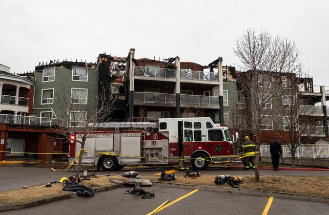 May 6, 2021, EDMONTON, ab, Canada: Firefighters investigate a fire at the Citadel Mews retirement home in St. Albert, Alta., on Friday, May 7, 2021. Three people were taken to hospital as a result of the fire. Citadel Mews is a combination of independent living and assisted living, along with Citadel Care Centre, a long-term care facility. EDMONTON Canada - ZUMAc35_ 20210506_zaf_c35_179 Copyright: xJasonxFransonx