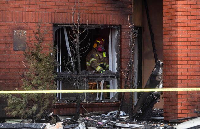 May 7, 2021, EDMONTON, ab, Canada: Firefighters investigate a fire at the Citadel Mews retirement home in St. Albert, Alta., on Friday, May 7, 2021. Three people were taken to hospital as a result of the fire. Citadel Mews is a combination of independent living and assisted living, along with Citadel Care Centre, a long-term care facility. EDMONTON Canada - ZUMAc35_ 20210507_zaf_c35_088 Copyright: xJasonxFransonx