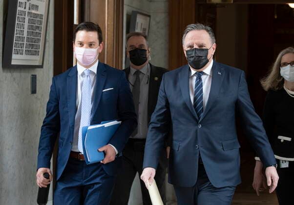 May 13, 2021, QUEBEC, PQ, Canada: Quebec Premier Francois Legault, right, and Quebec Justice Minister Simon Jolin-Barrette, responsible for language law, walk to a news conference after tabling a reform on language law, Thursday, May 13, 2021 at the legislature in Quebec City. QUEBEC Canada - ZUMAc35_ 20210513_zaf_c35_033 Copyright: xJacquesxBoissinotx