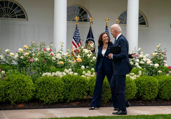 May 13, 2021, Washington, District of Columbia, USA: United States Vice President Kamala Harris and US President Joe Biden walk away after he gave remarks on the new Covid-19 Centers for Disease Control mask guidelines in the Rose Garden, at the White House in Washington, DC on Thursday, May 13, 2021. Fully vaccinated people no longer need to wear a face mask or stay six feet away from others in most settings, whether outdoors or indoors, the Centers for Disease Control and Prevention said in updated public health guidance released Thursday Washington USA - ZUMAs152 20210513_zaa_s152_212 Copyright: xTasosxKatopodisx-xPoolxViaxCnpx