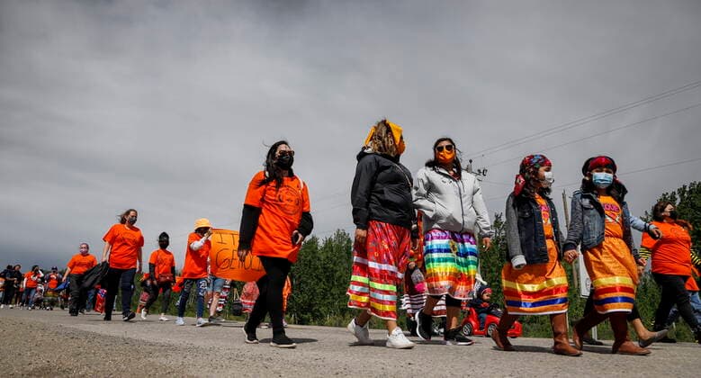 June 7, 2021, Calgary, ab, Canada: Members of the Tsuut ina Nation take part in a silent march in memory of the 215 unmarked graves found at Kamloops, B.C., in Calgary, Alta., Monday, June 7, 2021. Calgary Canada - ZUMAc35_ 20210607_zaf_c35_041 Copyright: xJeffxMcintoshx