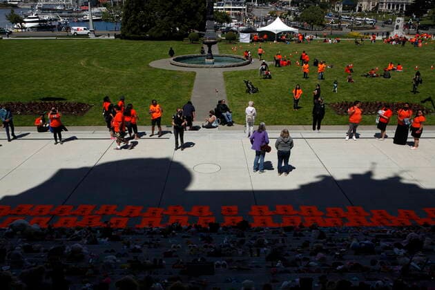 June 8, 2021, Victoria, BC, Canada: Orange shirts, shoes, flowers and messages are displayed on the steps outside the legislature in Victoria, B.C., on Tuesday, June 8, 2021 following a ceremony hosted by the Songhees and Esquimalt First Nations in honour of the 215 residential school children whose remains have been discovered buried near the facility in Kamloops, B.C. Victoria Canada - ZUMAc35_ 20210608_zaf_c35_110 Copyright: xChadxHipolitox