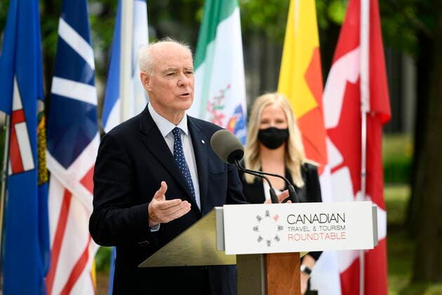 June 14, 2021, Ottawa, on, Canada: Perrin Beatty, President and CEO of the Canadian Chamber of Commerce, speaks during a news conference held by the Canadian Travel and Tourism Roundtable, a coalition of airports, airlines, hotels, boards of trade and chambers of commerce, to urge the federal government to implement a re-opening plan for travel and tourism, at the Ottawa Airport in Ottawa, on Monday, June 14, 2021. Ottawa Canada - ZUMAc35_ 20210614_zaf_c35_069 Copyright: xJustinxTangx