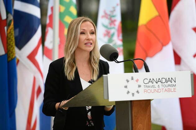 June 14, 2021, Ottawa, on, Canada: Susie Grynol, President and CEO of the Hotel Association of Canada, speaks during a news conference held by the Canadian Travel and Tourism Roundtable, a coalition of airports, airlines, hotels, boards of trade and chambers of commerce, to urge the federal government to implement a re-opening plan for travel and tourism, at the Ottawa Airport in Ottawa, on Monday, June 14, 2021. Ottawa Canada - ZUMAc35_ 20210614_zaf_c35_071 Copyright: xJustinxTangx