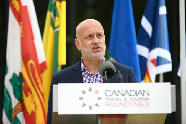 June 14, 2021, Ottawa, on, Canada: Daniel-Robert Gooch, President of the Canadian Airports Council, speaks during a news conference held by the Canadian Travel and Tourism Roundtable, a coalition of airports, airlines, hotels, boards of trade and chambers of commerce, to urge the federal government to implement a re-opening plan for travel and tourism, at the Ottawa Airport in Ottawa, on Monday, June 14, 2021. Ottawa Canada - ZUMAc35_ 20210614_zaf_c35_075 Copyright: xJustinxTangx