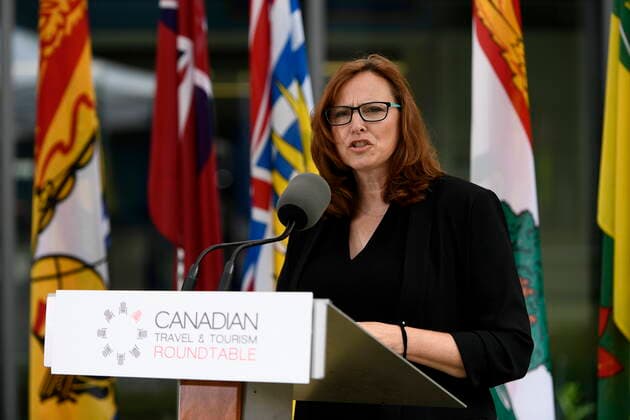 June 14, 2021, Ottawa, on, Canada: Beth Potter, President and CEO of the Tourism Industry Association of Canada, speaks during a news conference held by the Canadian Travel and Tourism Roundtable, a coalition of airports, airlines, hotels, boards of trade and chambers of commerce, to urge the federal government to implement a re-opening plan for travel and tourism, at the Ottawa Airport in Ottawa, on Monday, June 14, 2021. Ottawa Canada - ZUMAc35_ 20210614_zaf_c35_076 Copyright: xJustinxTangx