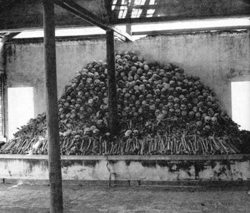 Collected skulls and bones from a mass grave of Khmer Rouge victims at Tonle Bati, some 30 kms south of Phnom Penh.<br ><br > The Khmer Rouge, or Communist Party of Kampuchea, ruled Cambodia from 1975 to 1979, led by Pol Pot, Nuon Chea, Ieng Sary, Son Sen and Khieu Samphan. It is remembered primarily for its brutality and policy of social engineering which resulted in millions of deaths. Its attempts at agricultural reform led to widespread famine, while its insistence on absolute self-sufficiency, even in the supply of medicine, led to the deaths of thousands from treatable diseases (such as malaria). Brutal and arbitrary executions and torture carried out by its cadres against perceived subversive elements, or during purges of its own ra xSupplier:xCPAxMediaxCo.xLtd.x Copyright: xx