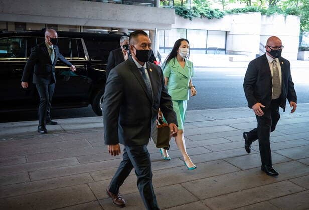 August 9, 2021, Vancouver, BC, Canada: Meng Wanzhou, chief financial officer of Huawei, arrives at B.C. Supreme Court to attend her extradition hearing, in Vancouver, on Monday, August 9, 2021. Vancouver Canada - ZUMAc35_ 20210809_zaf_c35_059 Copyright: xDarrylxDyckx