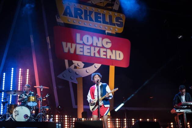August 13, 2021, Toronto, on, Canada: Tim Oxford, left to right, Max Kerman and Anthony Carone, of the Arkells, perform at the Budweiser Stage in Toronto on Friday, August 13, 2021. The concert marked the first live event for the band in 17 months due to COVID-19 restrictions. Toronto Canada - ZUMAc35_ 20210813_zaf_c35_184 Copyright: xTijanaxMartinx