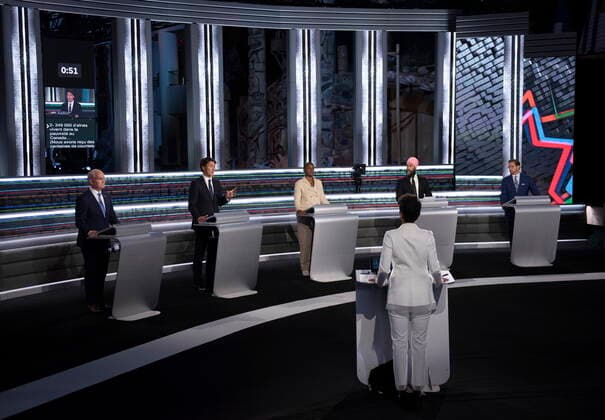 September 8, 2021, Gatineau, QC, Canada: The federal leaders, Conservative leader Erin O Toole, Liberal leader Justin Trudeau, Green leader Annamie Paul, New Democratic Party leader Jagmeet Singh and Bloc leader Yves-Francois Blanchet participate in the federal election French-language leaders debate, Wednesday, September 8, 2021 in Gatineau, Que. Gatineau Canada - ZUMAc35_ 20210908_zaf_c35_074 Copyright: xJustinxTangx