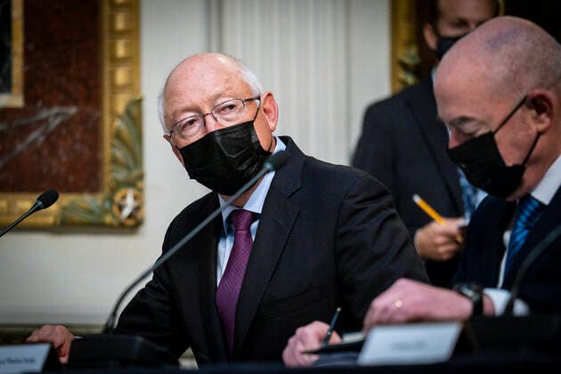 September 9, 2021, Washington, District of Columbia, USA: United States Ambassador to Mexico Ken Salazar, left, and US Secretary of Homeland Security Alejandro Mayorkas look on as US Vice President Kamala Harris delivers opening remarks at the U.S.-Mexico High Level Economic Dialogue (HLED) in the Indian Treaty Room of the Eisenhower Executive Office Building in Washington, DC on September 9, 2021. Secretary of State Antony Blinken, Secretary of Commerce Gina Raimondo, U.S. Trade Representative Katherine Tai, USAID Administrator Samantha Power, and U.S. Ambassador to Mexico Ken Salazar also participated Washington USA - ZUMAs152 20210909_zaa_s152_011 Copyright: xPetexMarovichx