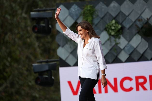 Paris Mayor Anne Hidalgo speaks to the crowd before the start of the Global Citizen Live concert in Paris on Saturday, September 25, 2021. The concert, held at the base of the Eiffel Tower, is one of several taking place in cities around the world including New York, Los Angeles, London, Sydney, Lagos, Rio, Mumbai and Seoul. The event aims to raise awareness for issues related to the climate and ending poverty. PAR20210925003 DAVIDxSILPA