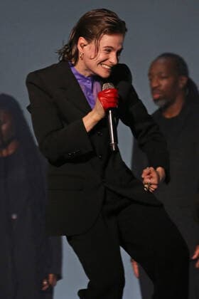 Christine and the Queens perform during the Global Citizen Live concert in Paris on Saturday, September 25, 2021. The concert, held at the base of the Eiffel Tower, is one of several taking place in cities around the world including New York, Los Angeles, London, Sydney, Lagos, Rio, Mumbai and Seoul. The event aims to raise awareness for issues related to the climate and ending poverty. PARI20210925028 DAVIDxSILPA