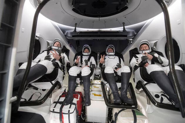 November 8, 2021, Pensacola, Florida, USA: ESA (European Space Agency) astronaut Thomas Pesquet, left, NASA astronauts Megan McArthur and Shane Kimbrough, and Japan Aerospace Exploration Agency (JAXA) astronaut Aki Hoshide, right, are seen inside the SpaceX Crew Dragon Endeavour spacecraft onboard the SpaceX GO Navigator recovery ship shortly after having landed in the Gulf of Mexico off the coast of Pensacola, Florida, Monday, Nov. 8, 2021. NASA™s SpaceX Crew-2 mission is the second operational mission of the SpaceX Crew Dragon spacecraft and Falcon 9 rocket to the International Space Station as part of the agency™s Commercial Crew Program..Mandatory Credit: NASA via CNP Pensacola USA - ZUMAs152 20211108_zaa_s152_093 Copyright: xAubreyxGemignanix