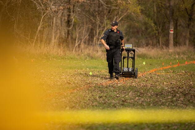 November 9, 2021, Brantford, ON, Canada: Members of the Six Nations Police conduct a search for unmarked graves using ground-penetrating radar on the 500 acres of the lands associated with the former Indian Residential School, the Mohawk Institute, in Brantford, Ont., Tuesday, November 9, 2021. Brantford Canada - ZUMAc35_ 20211109_zaf_c35_018 Copyright: xNickxIwanyshynx