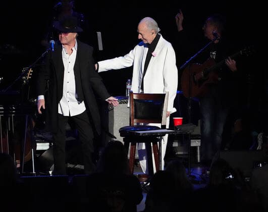 November 15, 2021, Los Angeles, CA, USA: Musician-Actors-MICHAEL NESMITH and MICKY DOLENZ on stage together for the last time as they wrapped up the Monkees 2021 Farewell Tour at the Greek Theater, Los Angeles, CA, USA, November 14, 2021. his farewell tour will mark the end of a unique project that began in 1965 when four young men were cast in a television show about a struggling rock band that was inspired by the Beatlesâ€⠢ A Hard Dayâ€⠢s Night. Few could have predicted the impact The Monkees would have on music and pop culture at large, one that still reverberates more than 50 years later...Formed in Los Angeles for the eponymous television series, the quartet of Dolenz, Nesmith, the late Peter Tork and the late Davy Jones bro - ZUMAmt3_ 20211115_zaf_mt3_003 Copyright: xScottxMitchellx