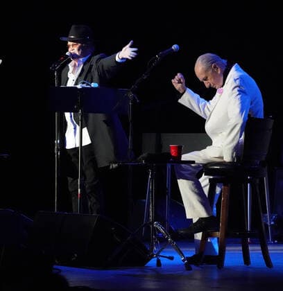 November 15, 2021, Los Angeles, CA, USA: Musician-Actors-MICHAEL NESMITH and MICKY DOLENZ on stage together for the last time as they wrapped up the Monkees 2021 Farewell Tour at the Greek Theater, Los Angeles, CA, USA, November 14, 2021. his farewell tour will mark the end of a unique project that began in 1965 when four young men were cast in a television show about a struggling rock band that was inspired by the Beatlesâ€⠢ A Hard Dayâ€⠢s Night. Few could have predicted the impact The Monkees would have on music and pop culture at large, one that still reverberates more than 50 years later...Formed in Los Angeles for the eponymous television series, the quartet of Dolenz, Nesmith, the late Peter Tork and the late Davy Jones bro - ZUMAmt3_ 20211115_zaf_mt3_005 Copyright: xScottxMitchellx