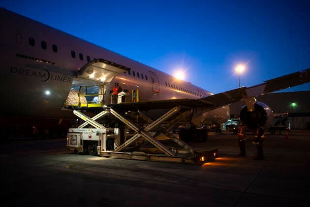 March 9, 2022, TORONTO, ON, CAN: Humanitarian aid, including medical supplies, destined for Ukraine, are loaded on a Warsaw bound plane at Toronto™s Pearson Airport on Wednesday, March 9 , 2022. The supplies from GlobalMedic include medical supplies, trauma dressings and wound care supplies destined for a hospital in Lviv, Ukraine. Also includes aid from Airlink and Project C.U.R.E. including hospital beds, vinyl mattresses and other humanitarian supplies. TORONTO CAN - ZUMAc35_ 20220309_zaf_c35_088 Copyright: xChrisxYoungx
