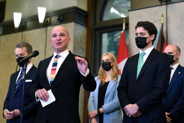April 28, 2022, Ottawa, ON, CAN: Minister of Tourism Randy Boissonnault speaks as Minister of Labour Seamus O Regan, left, Minister of Sport Pascale St-Onge, Prime Minister Justin Trudeau and Minister of Health Jean-Yves Duclos listen, during an announcement on the ending of the Canadian Blood ServicesöÄÃ blood ban, in Ottawa, on Thursday, April 28, 2022. Ottawa CAN - ZUMAc35_ 20220428_zaf_c35_023 Copyright: xJustinxTangx