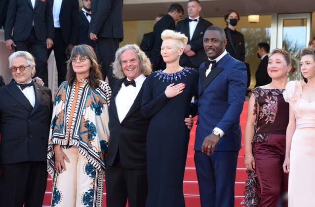 May 20, 2022, CANNES, France: CANNES, FRANCE - MAY 20: Matteo Bocelli, Aamito Lagum, Nicolas Mouawad, Margaret Sixel, Director George Miller, Tilda Swinton, Idris Elba, Augusta Gore, Doug Mitchell, guest, Ece Yüksel, guest, Ogulcan Arman Uslu, Burcu Golgedar, Erdil Yasaroglu and Sabrina Elba attend the screening of Three Thousand Years Of Longing (Trois Mille Ans A T Attendre) during the 75th annual Cannes film festival at Palais des Festivals on May 20, 2022 in Cannes, France. CANNES France - ZUMAi09_ 20220520_zaf_i09_020 Copyright: xFrederickxInjimbertx