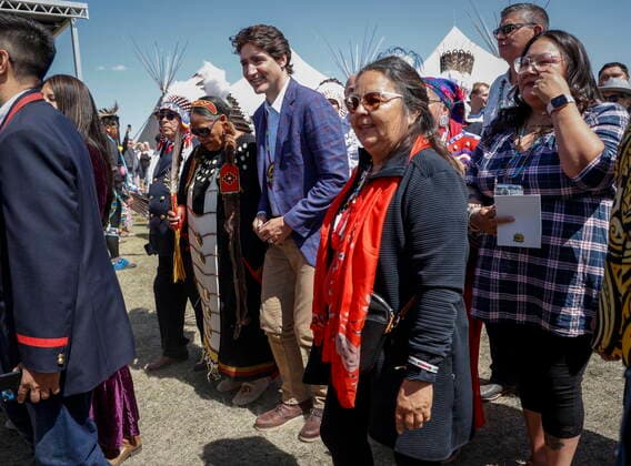 June 2, 2022, Siksika Nation, AB, CANADA: Prime Minister Justin Trudeau, centre, dances with Siksika Nation elders after a signing ceremony on the Siksika Nation in Siksika Nation, Alta., Thursday, June 2, 2022. Siksika Nation CANADA - ZUMAc35_ 20220602_zaf_c35_080 Copyright: xJeffxMcintoshx