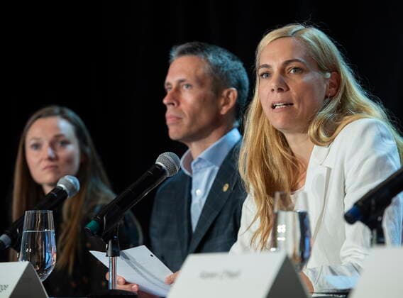 June 12, 2022, Montreal, PQ, Canada: Minister of Sport Pascale St-Onge, right, with Olympic athlete Rosie MacLennan and COC CEO David Shoemaker, speaks during a news conference in Montreal, Sunday, June 12, 2022. Montreal Canada - ZUMAc35_ 20220612_zaf_c35_004 Copyright: xGrahamxHughesx