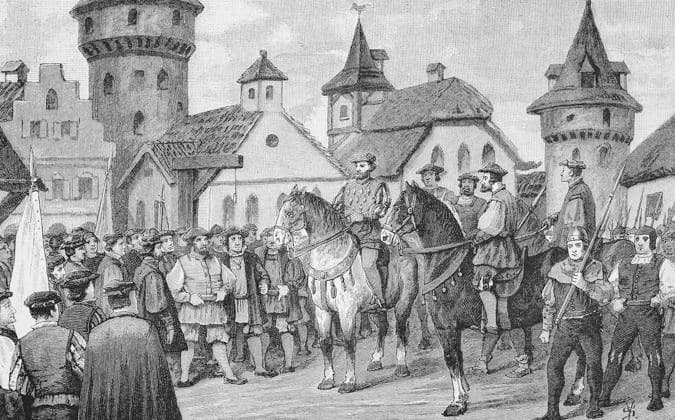 Deutscher Bauernkrieg, 1524-1526, Florian Geyer in Rotenburg, Florian Geier von Giebelstadt, geboren um 1490, gestorben 10. Juni 1525) war ein fränkischer Reichsritter, Truppenführer im Dienst des Markgrafen Albrecht von Brandenburg-Ansbach und Diplomat German Peasants War, 1524-1526, Florian Geyer in Rotenburg, Florian Geier of Giebelstadt, born c. 1490, died June 10, 1525) was a Frankish imperial knight, commander of troops in the service of Margrave Albrecht of Brandenburg-Ansbach, and diplomat, Historisch, digital restaurierte Reproduktion einer Originalvorlage aus dem 19. Jahrhundert, genaues Originaldatum nicht bekannt,