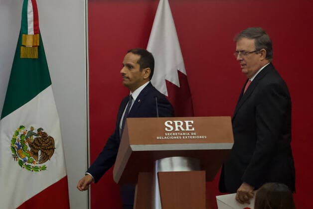 July 26, 2022, Mexico City, Mexico City, Mexico: July, 26, 2022, Mexico City, Mexico: Mexicoâ€⠢s Foreign Affairs Minister Marcelo Ebrard and Qatar Deputy Prime Minister and Minister of Foreign Affairs Mohammed bin Abdulrahman bin Jassim Al Thani, during the signing of bilateral agreement between both nations Mexico-Qatar. on July 26, 2022 in Mexico City, Mexico. Mexico City Mexico - ZUMAe321 20220726_zia_e321_037 Copyright: xJulianxLopezx xEyepixxGroupx