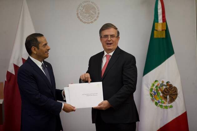 July 26, 2022, Mexico City, Mexico City, Mexico: July, 26, 2022, Mexico City, Mexico: Mexicoâ€⠢s Foreign Affairs Minister Marcelo Ebrard and Qatar Deputy Prime Minister and Minister of Foreign Affairs Mohammed bin Abdulrahman bin Jassim Al Thani, during the signing of bilateral agreement between both nations Mexico-Qatar. on July 26, 2022 in Mexico City, Mexico. Mexico City Mexico - ZUMAe321 20220726_zia_e321_032 Copyright: xJulianxLopezx xEyepixxGroupx