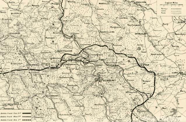 RECORD DATE NOT STATED The Battle-Fronts in the Opening Stages of the Fight for Verdun , 1916. Creator: Unknown. Copyright:xpaese,Francese,Francia,strategia,militare,guerra,partexanteriore,posizione,secolo,strategico,immagine,diagramma,primaxguerraxmondiale,wartime,concetto,battaglia,B&W,Lorraine,strutturaxcompleta,album,World.war.i,WWI,campoxdixbattaglia,nerox&xbianco,neroxexbianco,GuerraxmondialexUna,frontline,glixannix10,ventesimoxsecolo,Meuse,ThexPrintxCollector,map,frontxline,Unknown,JAxHammerton,JxAxHammerton,Hammerton,Ja,SirxJohnxAlexanderxHammerton,SirxJohnxHammerton,JohnxHammerton,SirxJohnxAlexander,JxA,AmalgamatedxPressxLtd,AmalgamatedxPressxLimited,AmalgamatedxPress,ThexAmalgamatedxPress,ThexWarxIllustrated,SpringxandxSummerxCampaignxofx1916x IMAGO Copyright:paese,Francese,Francia,strategia,militare,guerra,partexanteriore,posizione,secolo,strategico,immagine,diagramma,primaxguerraxmondiale,wartime,concetto,battaglia,B&W,Lorraine,strutturaxcomple