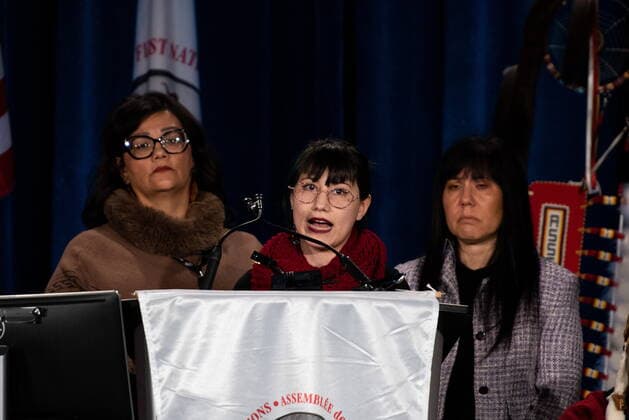 December 7, 2022, Ottawa, ON, Canada: Kera Harris, daughter of Morgan Harris, speaks during the Assembly of First Nations (AFN) Special Chiefs Assembly (SCA) in Ottawa, on Wednesday, Dec. 7, 2022. Police have identified Morgan Harris as one of four women killed by an alleged serial killer in Winnipeg, but her body has not yet been found. Ottawa Canada - ZUMAc35_ 20221207_zaf_c35_133 Copyright: xSpencerxColbyx