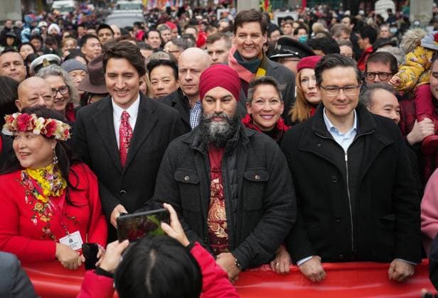 January 22, 2023, VANCOUVER, BC, CANADA: Prime Minister Justin Trudeau, second left, NDP leader Jagmeet Singh, centre, Conservative leader Pierre Poilievre, right, and , B.C. Premier David Eby, back centre, prepare to march in the Lunar New Year parade, in Vancouver, on Sunday, January 22, 2023. VANCOUVER CANADA - ZUMAc35_ 20230122_zaf_c35_012 Copyright: xDarrylxDyckx